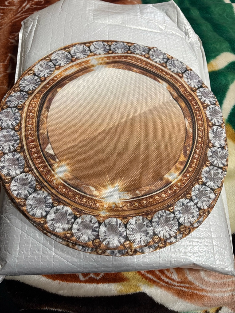 Unbranded Gold and White Crystal Round Decorative Wall Mirror
